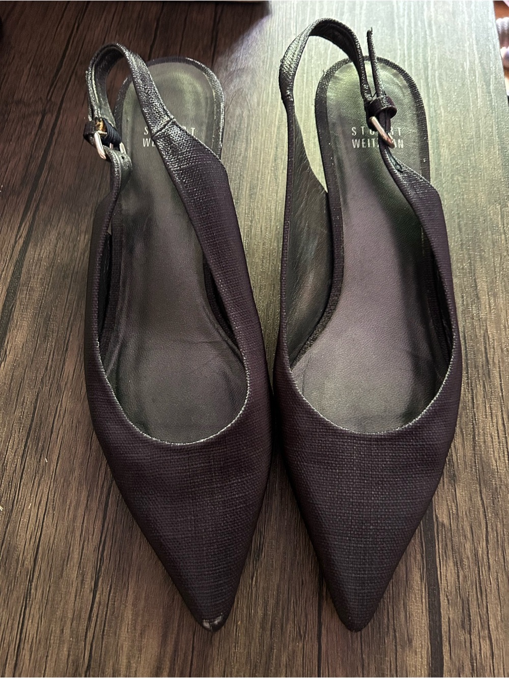 Stuart Weitzman Dark Navy Textured Pointed Toe Slingback Pumps